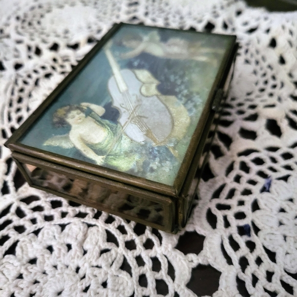 Vtg Via Vermont Cupid Angel Glass Brass Jewelry Trinket Box Mexico - Picture 5 of 7